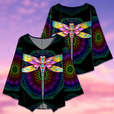 Dragonfly Colorful Mandala Art - V-neck T-shirt - Owls Matrix LTD
