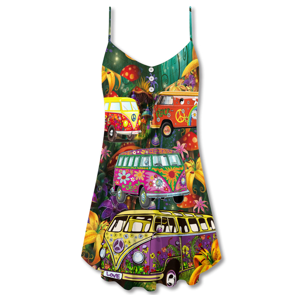 Hippie Bus Peace Life Colorful Style - V-neck Sleeveless Cami Dress - Owls Matrix LTD