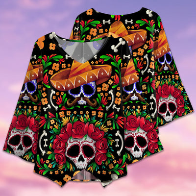 Sugar Skull Flower Skull Mexico - V-neck T-shirt - Owls Matrix LTD