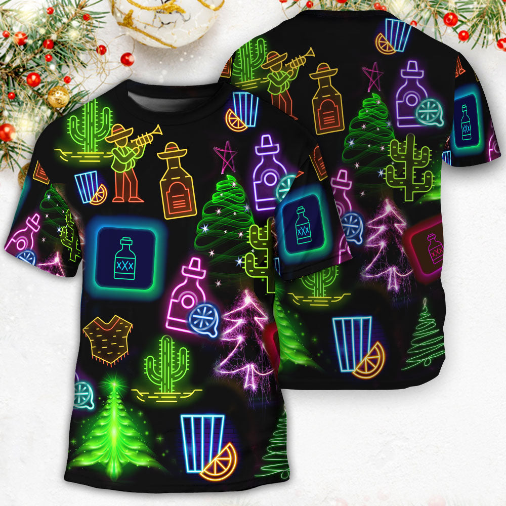 Wine Tequila Christmas Neon Art Drinking - Round Neck T-shirt - Owls Matrix LTD