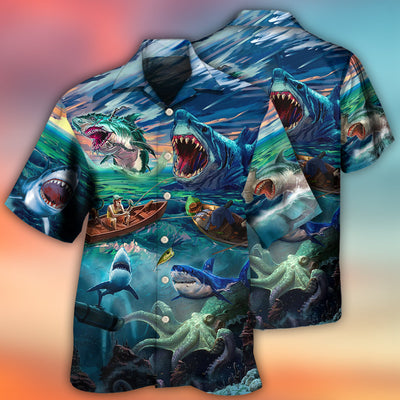 Fishing Shark Crazy Art Style - Hawaiian Shirt - Owls Matrix LTD