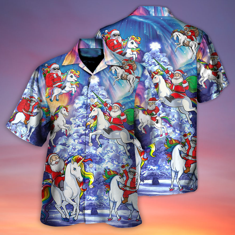 Christmas Santa Claus Riding Unicorn Snow Mountain Art Style - Hawaiian Shirt - Owls Matrix LTD