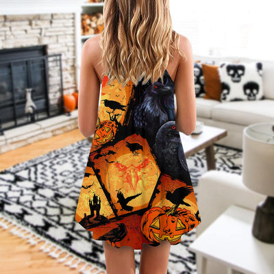 Halloween Raven Pumpkin Scary - V-neck Sleeveless Cami Dress - Owls Matrix LTD
