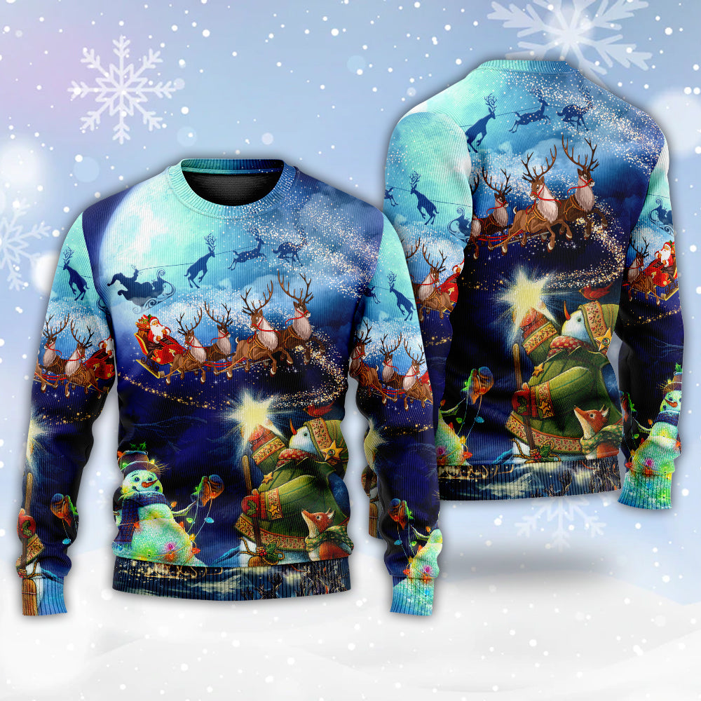Christmas Rudolph Santa Claus Reindeer Snowman Light Art Style - Sweater - Ugly Christmas Sweaters - Owls Matrix LTD