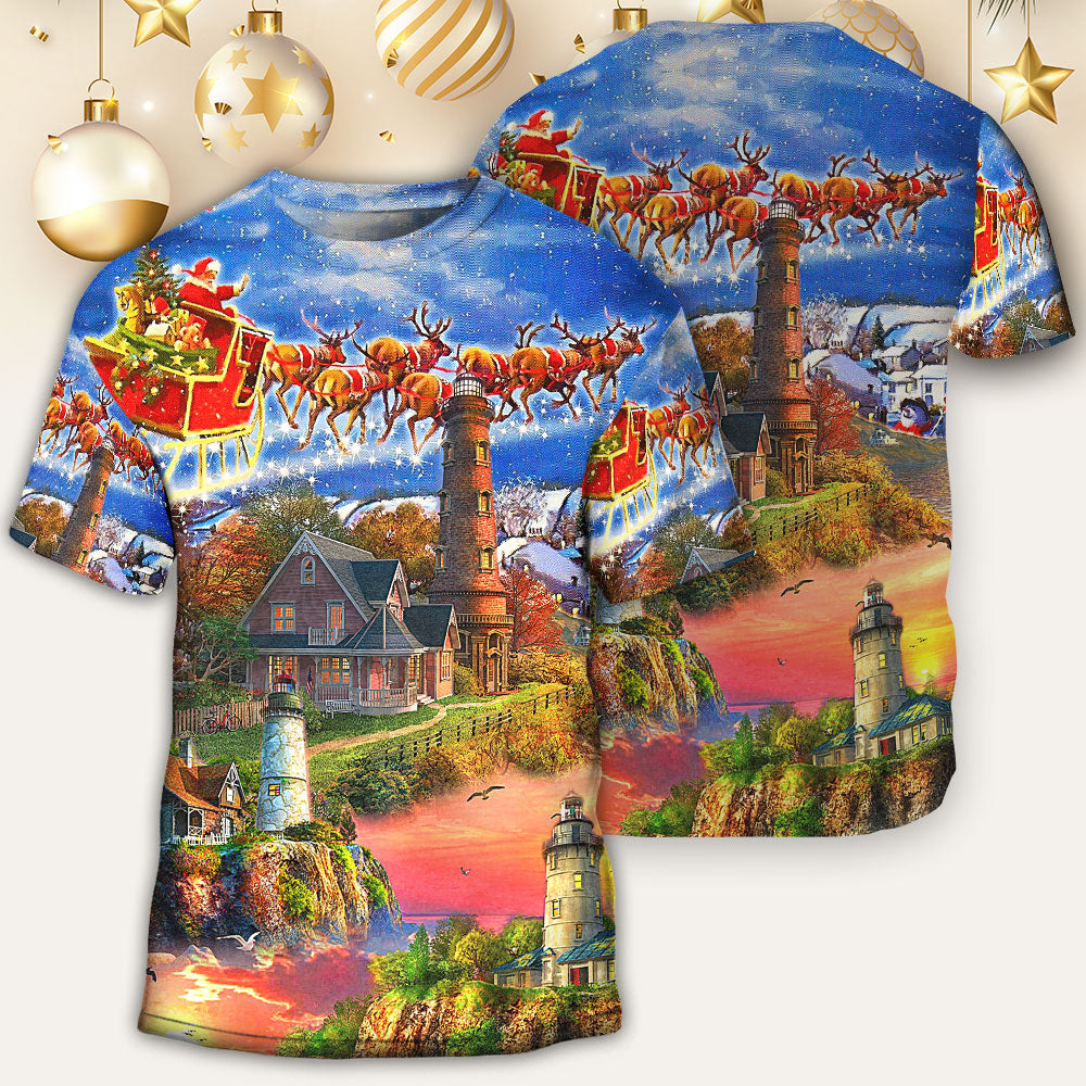 Lighthouse Christmas Shine Your Light In Storm And Darkness - Round Neck T-shirt - Owls Matrix LTD