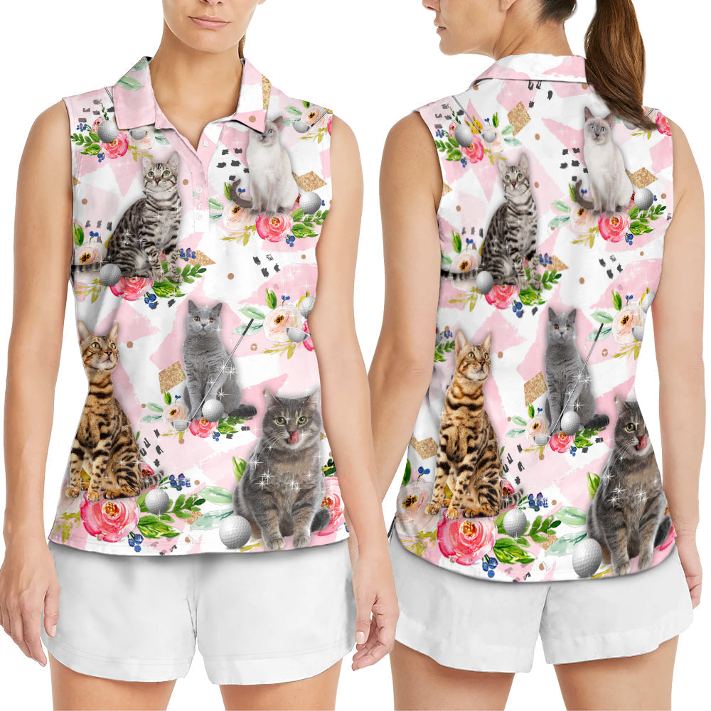 Cat Play Golf Tropical Flower Bling Style - Women's Polo Shirt - Owls Matrix LTD