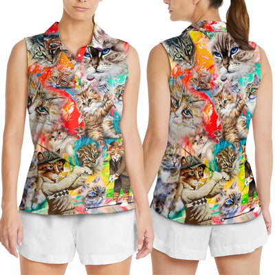 Cat Art Lover Cat Play Golf Colorful Style - Women's Polo Shirt - Owls Matrix LTD