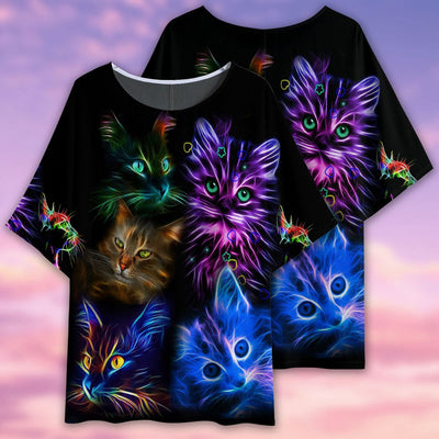 Cat Neon Cats Style - Women's T-shirt With Bat Sleeve - Owls Matrix LTD
