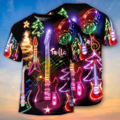 Christmas Guitar Tree Happy Glow Light Style - Round Neck T-shirt - Owls Matrix LTD