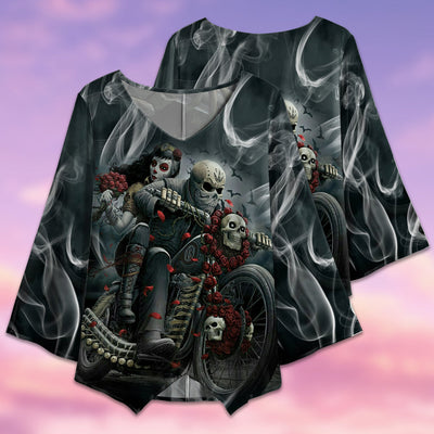 Sugar Skull Ride Couple Dark Smoke - V-neck T-shirt - Owls Matrix LTD