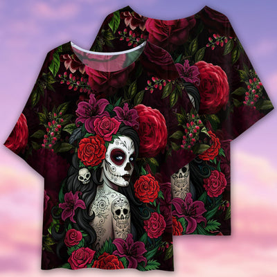 Sugar Skull Rose Woman Tattoo - Women's T-shirt With Bat Sleeve - Owls Matrix LTD