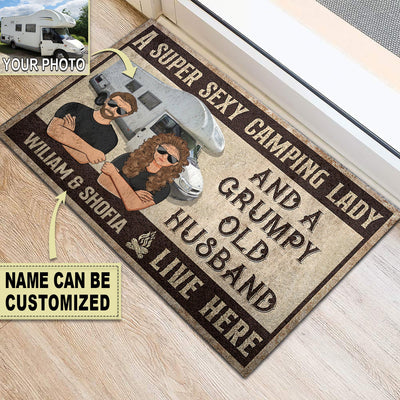 Camping A Super Sexy Camping Lady And A Grumpy Old Husband Live Here Custom Photo Personalized - Doormat - Owls Matrix LTD