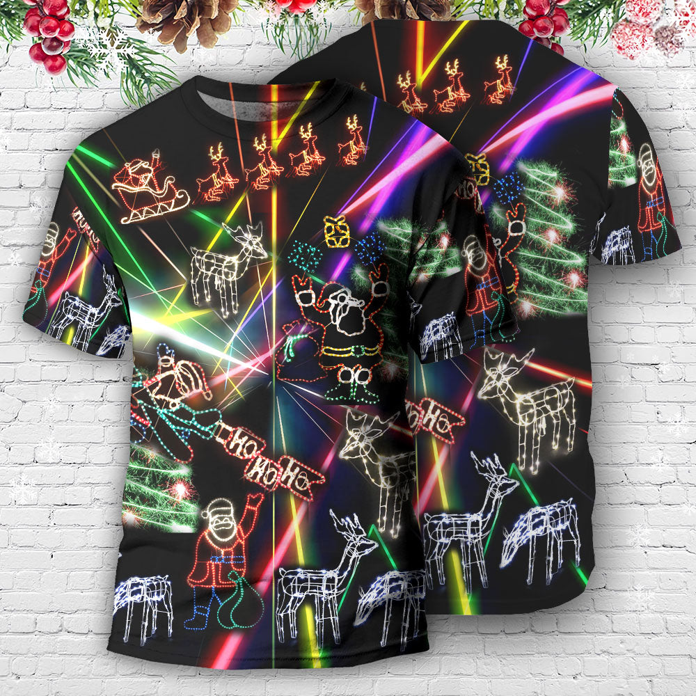 Christmas Tree Neon Art And Snowman - Round Neck T-shirt - Owls Matrix LTD