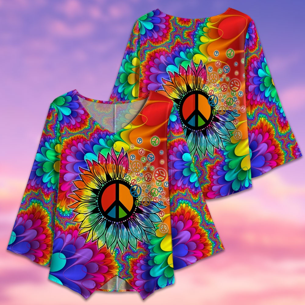 Hippie Peace Sunflower Art - V-neck T-shirt - Owls Matrix LTD