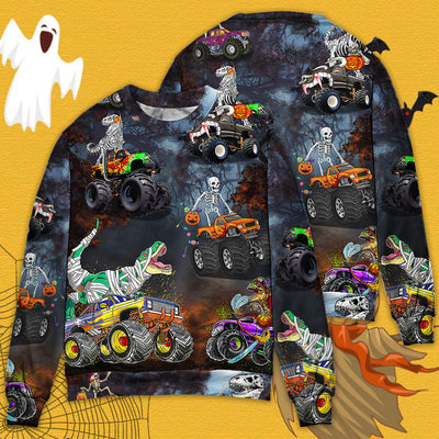 Halloween Skeleton Dinosaur Driving Monster Truck - Sweater - Ugly Christmas Sweaters - Owls Matrix LTD