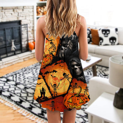 Halloween Skull Pumpkin Scary - V-neck Sleeveless Cami Dress - Owls Matrix LTD