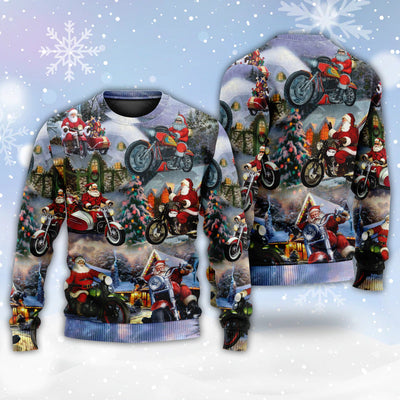 Christmas Santa Claus Driving Motorcycle Bike Gift Light Art Style - Sweater - Ugly Christmas Sweaters - Owls Matrix LTD