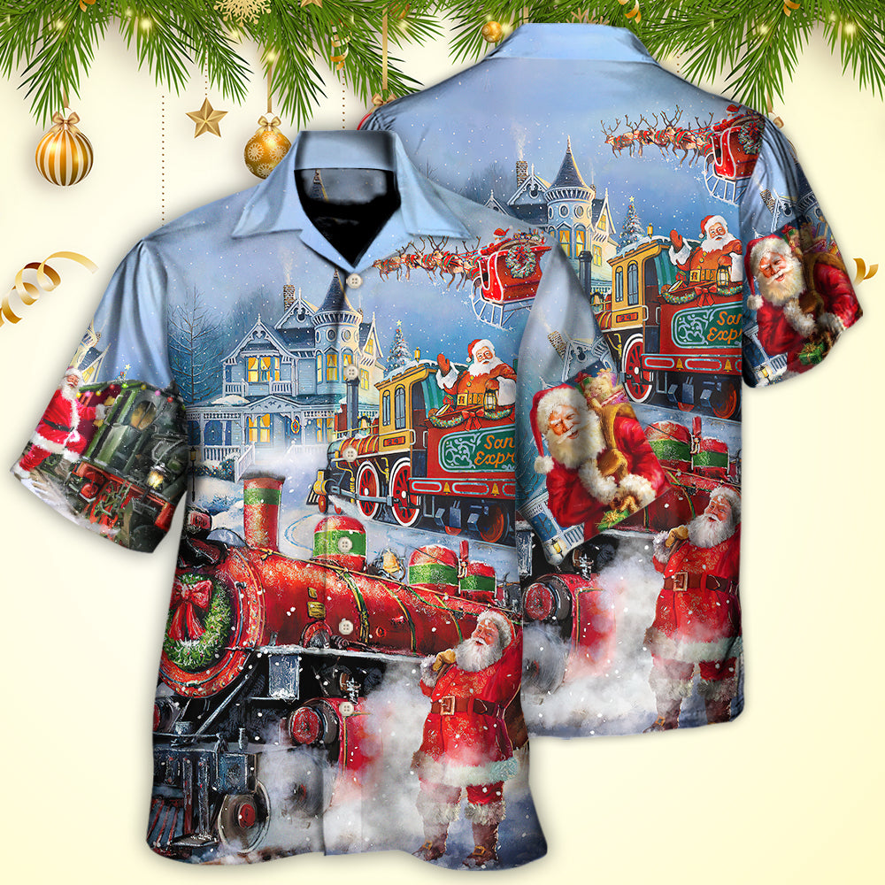 Christmas Santa Claus Train Gift For Xmas Painting Style - Hawaiian Shirt - Owls Matrix LTD