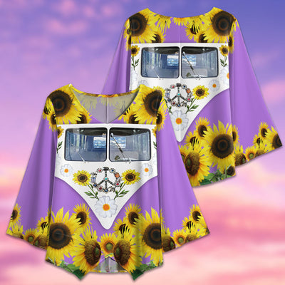 Hippie Peace Purple Bus With Sunflowers - V-neck T-shirt - Owls Matrix LTD