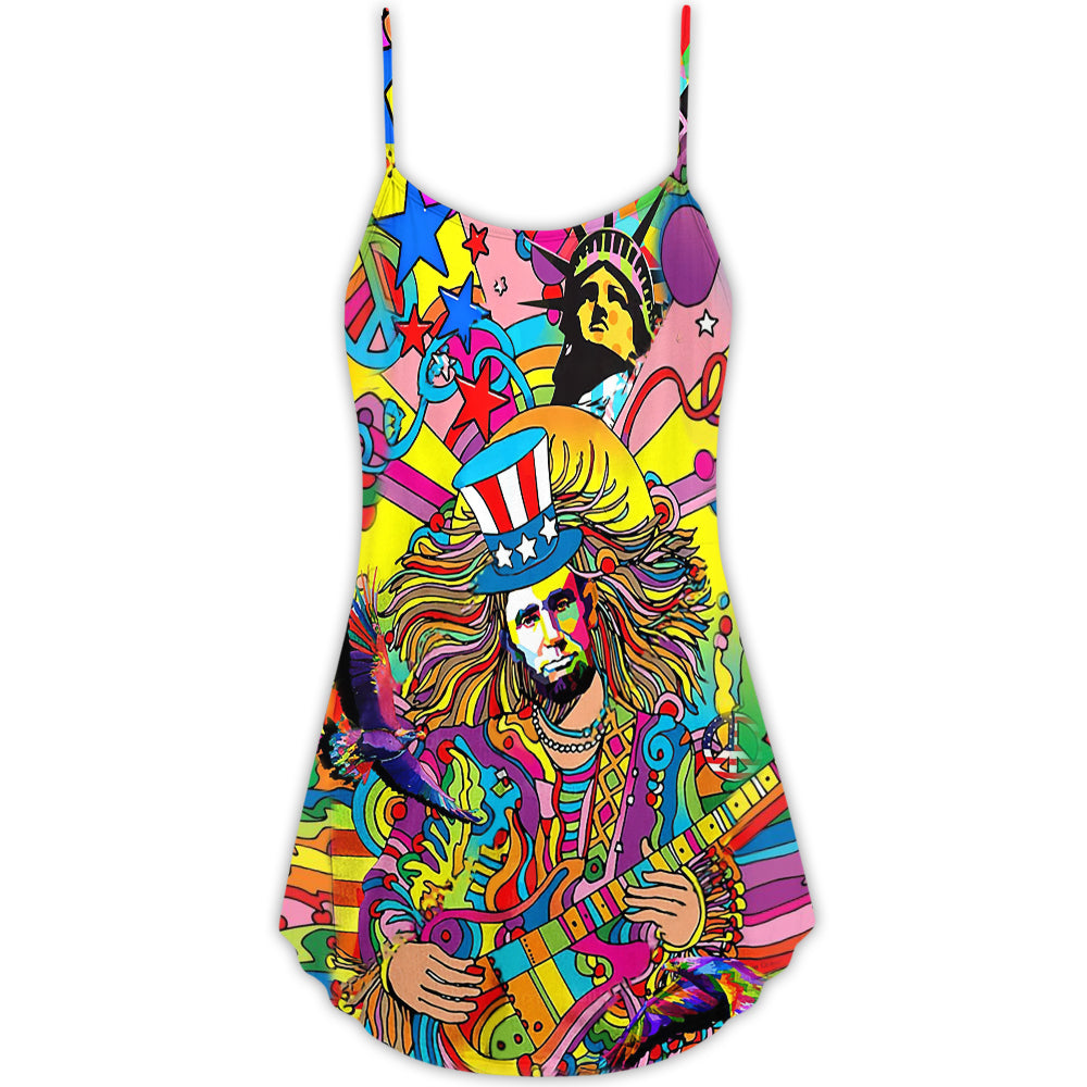 Hippie America Colorfull Style - V-neck Sleeveless Cami Dress - Owls Matrix LTD