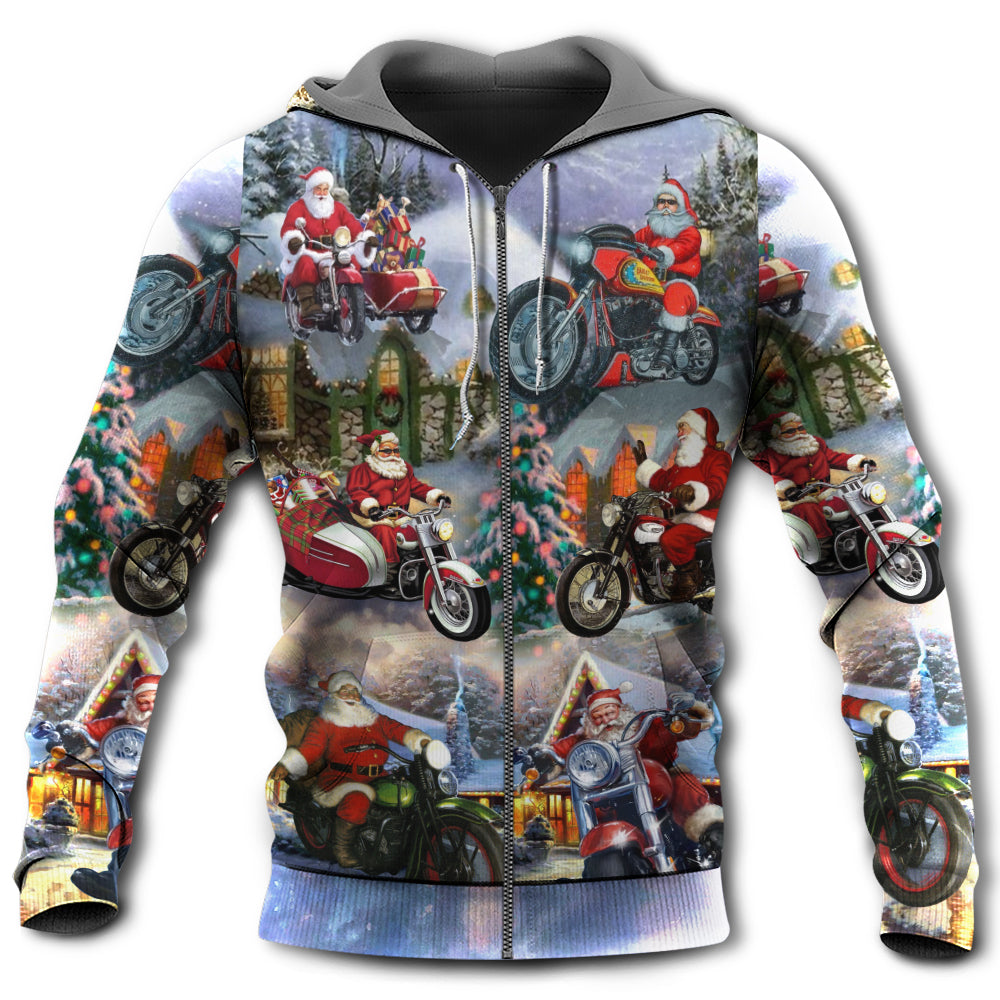 Christmas Santa Claus Driving Motorcycle Bike Gift Light Art Style - Hoodie - Owls Matrix LTD