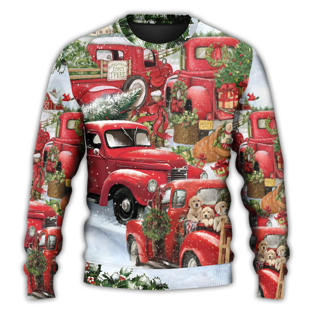 Christmas Sweater / S Christmas Red Truck With Xmas Tree And Little Puppy - Sweater - Ugly Christmas Sweaters - Owls Matrix LTD