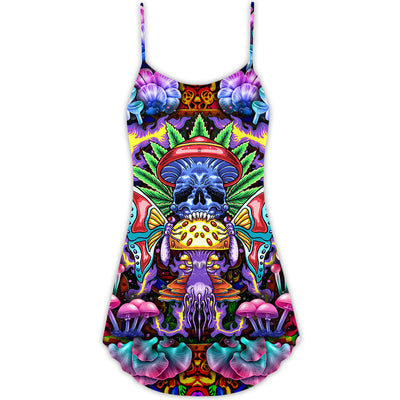 Hippie Mushroom And Skull Art - V-neck Sleeveless Cami Dress - Owls Matrix LTD