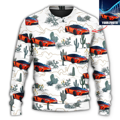 Christmas Sweater / S Car Desert With Mountains Blooming Cacti Opuntia And Saguaro Custom Photo - Sweater - Ugly Christmas Sweaters - Owls Matrix LTD