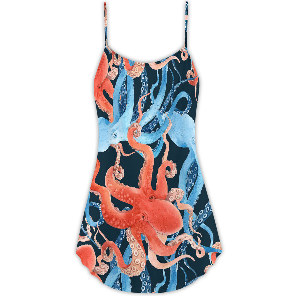 Octopus Colorful Ocean Life Basic - V-neck Sleeveless Cami Dress - Owls Matrix LTD