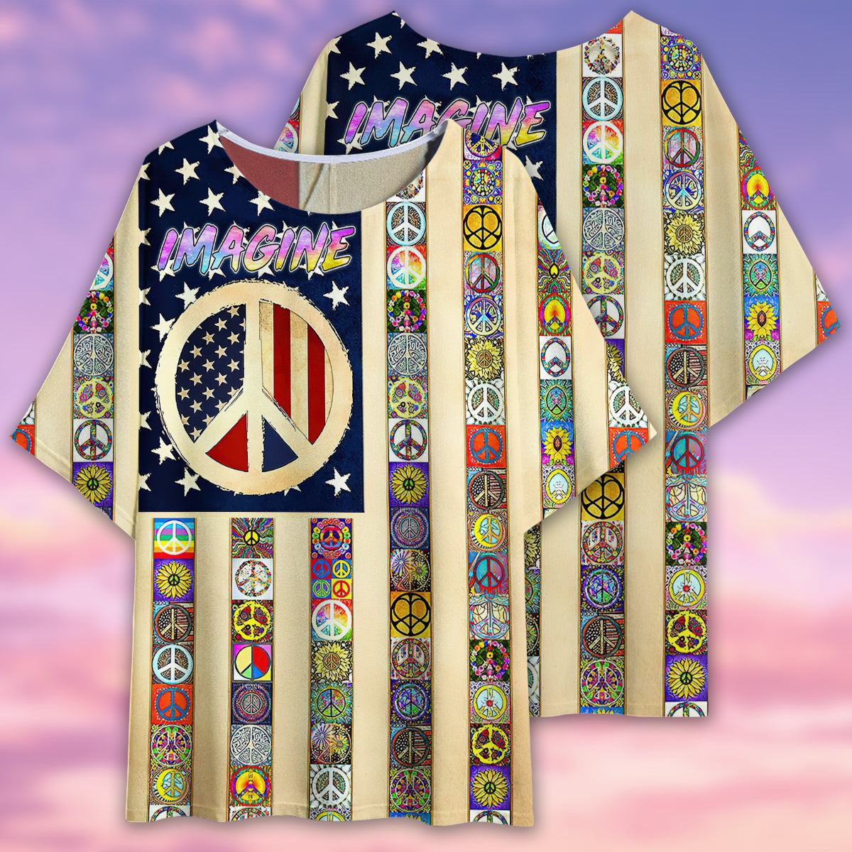 Hippie Imagine All The People Living Life In Peace Flag - Women's T-shirt With Bat Sleeve - Owls Matrix LTD