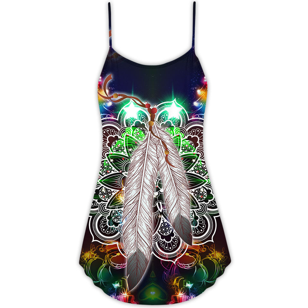 Christmas Feather Mandala Neon Art - V-neck Sleeveless Cami Dress - Owls Matrix LTD