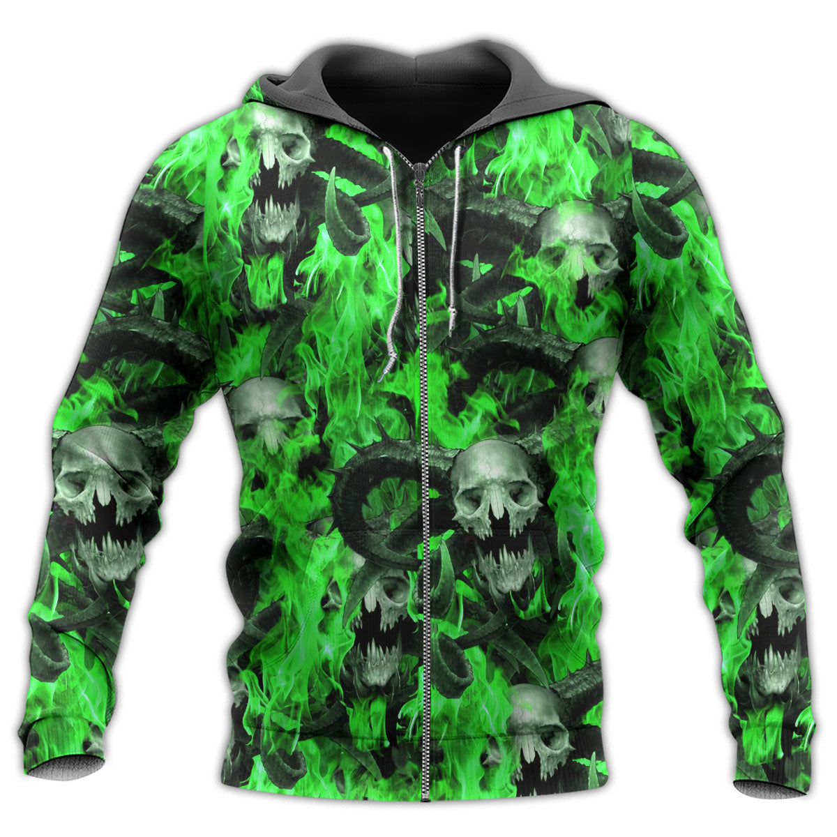 Zip Hoodie / S Skull Green Flame Burn - Hoodie - Owls Matrix LTD