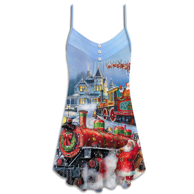 Christmas Santa Claus Train Gift For Xmas Painting Style - V-neck Sleeveless Cami Dress - Owls Matrix LTD