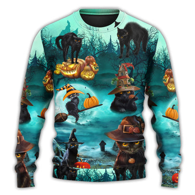 Halloween Black Cat Pumpkin Scary Style - Sweater - Ugly Christmas Sweaters - Owls Matrix LTD