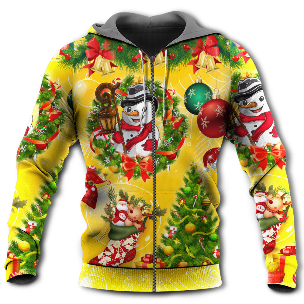 Zip Hoodie / S Christmas Funny Snowman Happy Christmas Tree Yellow Light - Hoodie - Owls Matrix LTD