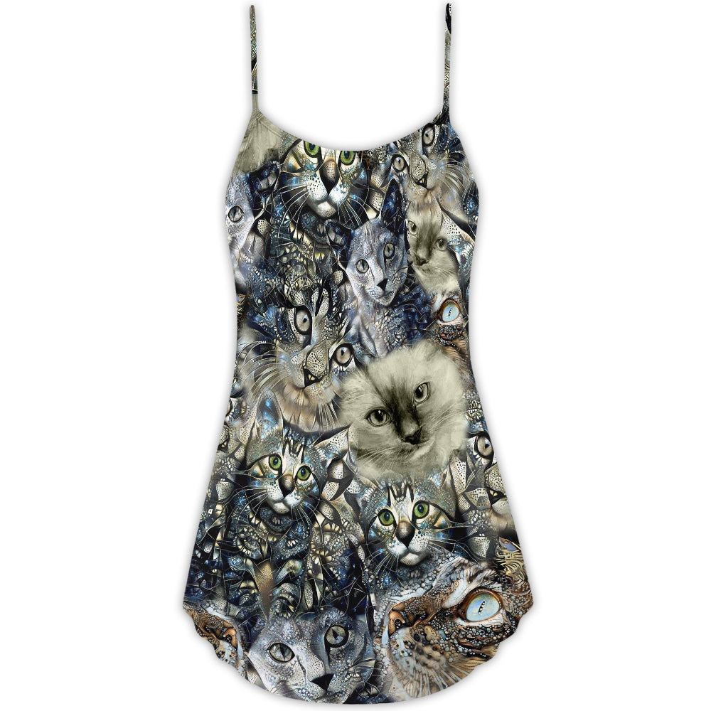 Cat Vintage Neutral Flower Cool - V-neck Sleeveless Cami Dress - Owls Matrix LTD