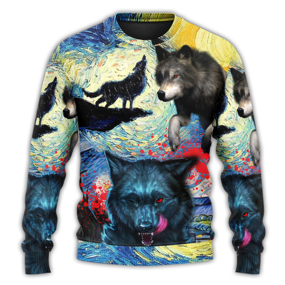 Christmas Sweater / S Halloween Black Wolf Crazy Starry Night Blood Art Style - Sweater - Ugly Christmas Sweaters - Owls Matrix LTD