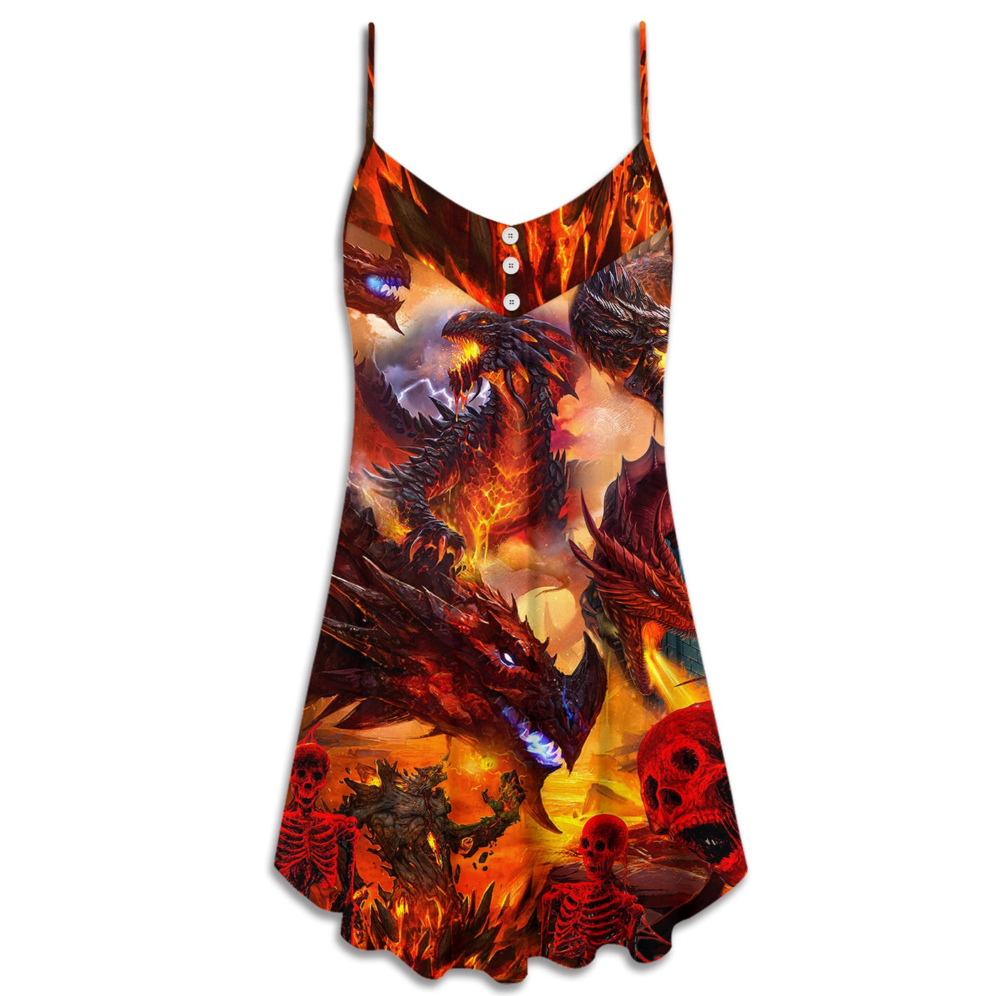 Dragon Red Skull Fire Art Style - V-neck Sleeveless Cami Dress - Owls Matrix LTD