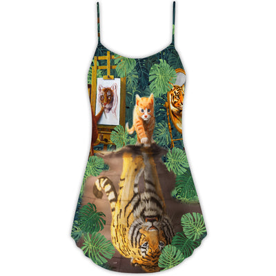 Cat And Tiger With Tropical Leaf - V-neck Sleeveless Cami Dress - Owls Matrix LTD