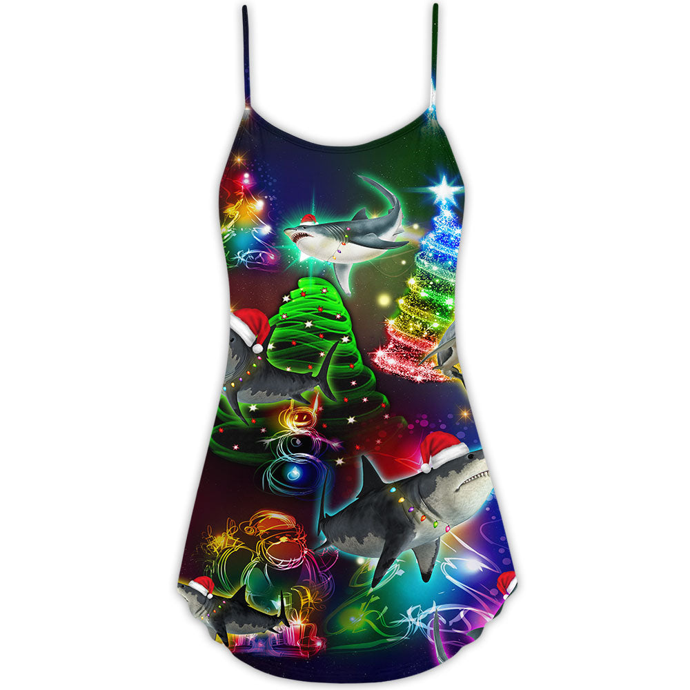Shark Christmas Art Neon - V-neck Sleeveless Cami Dress - Owls Matrix LTD