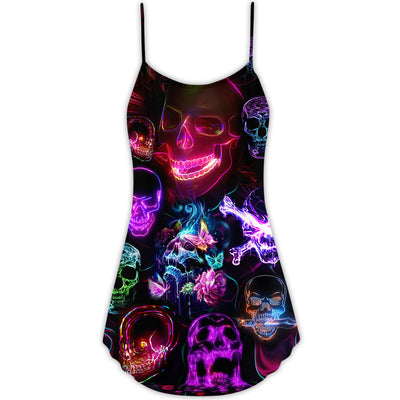 Skull Neon Art Happy Holiday - V-neck Sleeveless Cami Dress - Owls Matrix LTD
