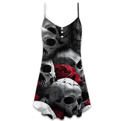 Skull Death Love Rose - V-neck Sleeveless Cami Dress - Owls Matrix LTD