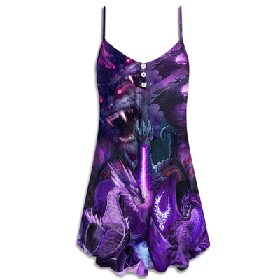 Dragon Dark Purple Lightning Art Style - V-neck Sleeveless Cami Dress - Owls Matrix LTD