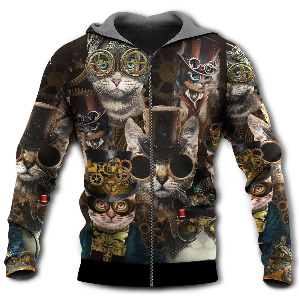 Zip Hoodie / S Cat Steampunk Art Machines Lover - Hoodie - Owls Matrix LTD