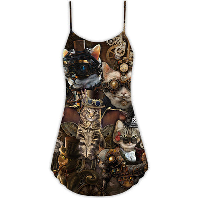 Cat Steampunk We're All Mad Here - V-neck Sleeveless Cami Dress - Owls Matrix LTD