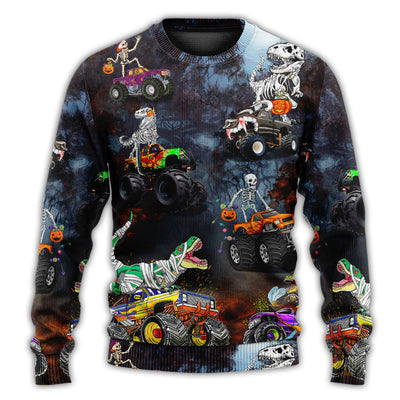 Christmas Sweater / S Halloween Skeleton Dinosaur Driving Monster Truck - Sweater - Ugly Christmas Sweaters - Owls Matrix LTD