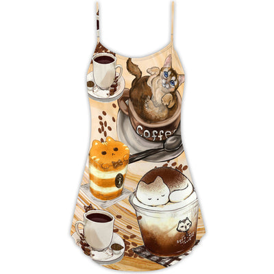 Cat Do You Wanna Drink Me Coffee - V-neck Sleeveless Cami Dress - Owls Matrix LTD