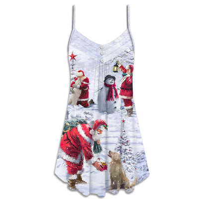 Christmas Santa Claus Chilling With Animal Snowman Happy Xmas Art Style - V-neck Sleeveless Cami Dress - Owls Matrix LTD