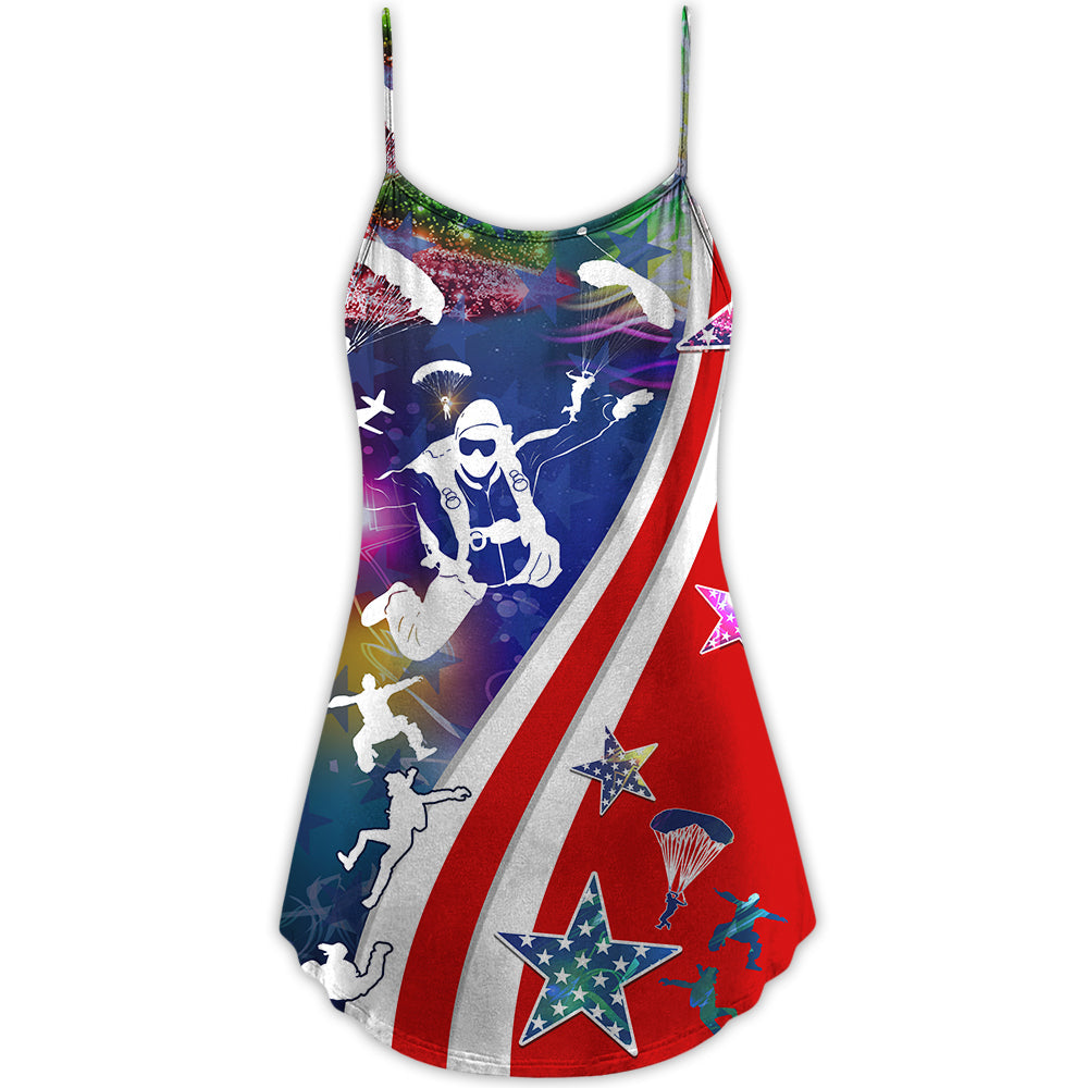 Christmas America Parachute Jump - V-neck Sleeveless Cami Dress - Owls Matrix LTD