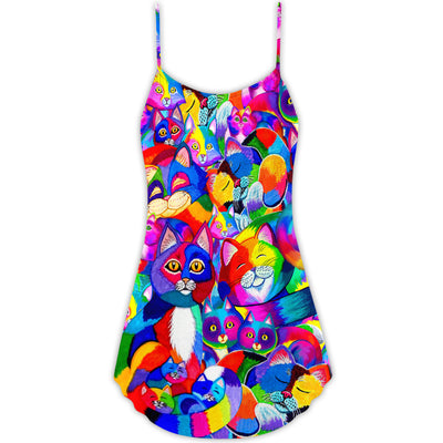 Cat Colorfull Rainbow Style - V-neck Sleeveless Cami Dress - Owls Matrix LTD